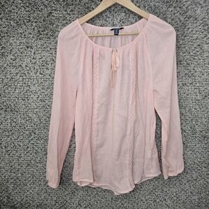 Chaps Top Womens Medium Pink Gauze Tasseled Blouse Semi Sheer Long Sleeve Ladies